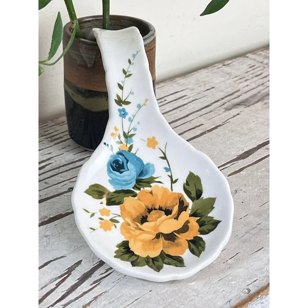 Country Pioneer Woman Ceramic Spoon Rest Blue & Yellow Gold Floral Rose Shadow